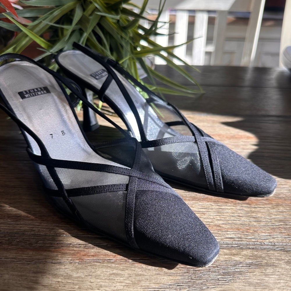 Stuart Weitzman Black Mesh Slingback Heels Women's Size 7B Square‎ Toe Stiletto